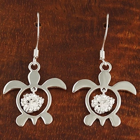 Sterling Silver Hibiscus in Honu (Hawaiian Turtle) Hook Earrings