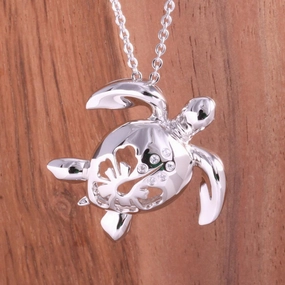 Sterling Silver Honu (Hawaiian Turtle) and Hibiscus with CZ Pendant (S/L) (Chain Sold Separately)