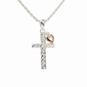 Sterling Silver Maile Leaf Cross with Pink Gold Plated Heart Pendant (Chain Sold Separately)
