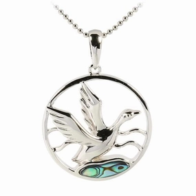 Sterling Silver Mallard with Abalone Inlaid in Circle Pendant (Chain Sold Separately)