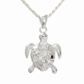 Sterling Silver Mom and Baby Honu (Hawaiian Turtle) with CZ Pendant (Chain Sold Separately)