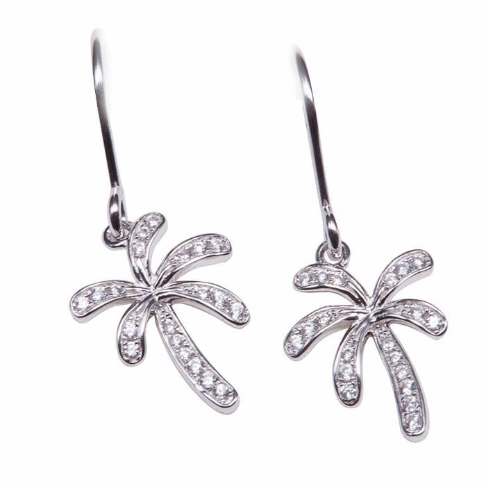 Sterling Silver Palm Tree Pave CZ Hook Earrings