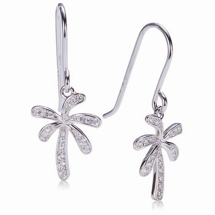 Sterling Silver Palm Tree Pave CZ Hook Earrings