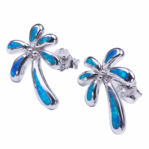 Sterling Silver Palm Tree with Opal Inlay Post Earrings