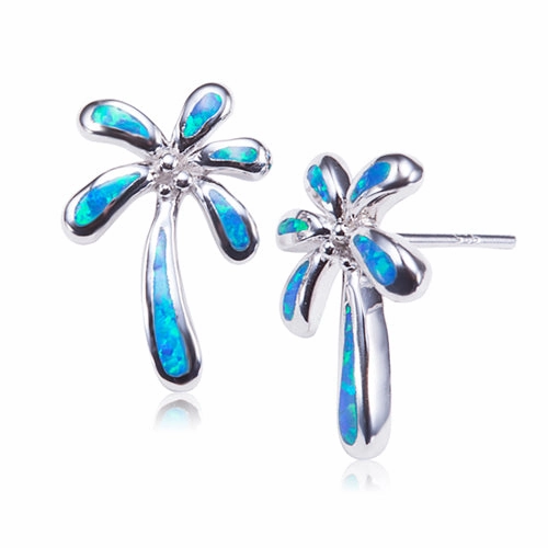 Sterling Silver Palm Tree with Opal Inlay Post Earrings