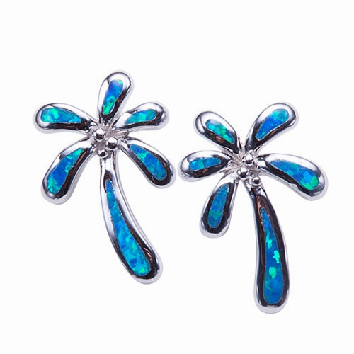 Sterling Silver Palm Tree with Opal Inlay Post Earrings