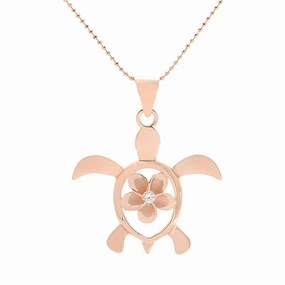Sterling Silver Pink Gold Plated 10mm Plumeria with CZ in Honu (Hawaiian Turtle) Pendant (Chain Sold Separately)