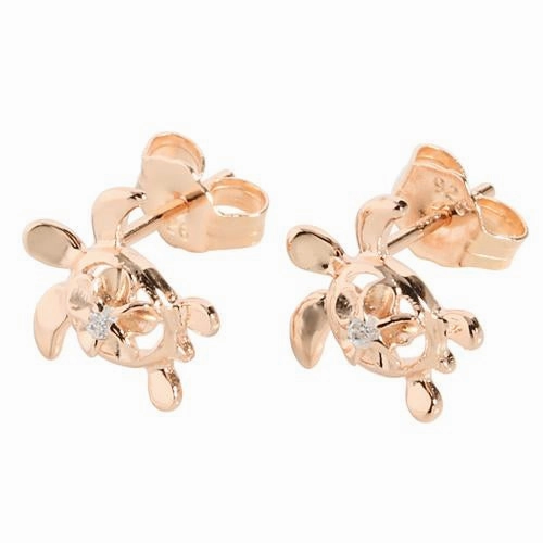 Sterling Silver Pink Gold Plated 8mm Plumeria with CZ in Honu (Turtle) Post Earrings