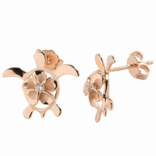 Sterling Silver Pink Gold Plated 8mm Plumeria with CZ in Honu (Turtle) Post Earrings