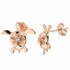 Sterling Silver Pink Gold Plated 8mm Plumeria with CZ in Honu (Turtle) Post Earrings
