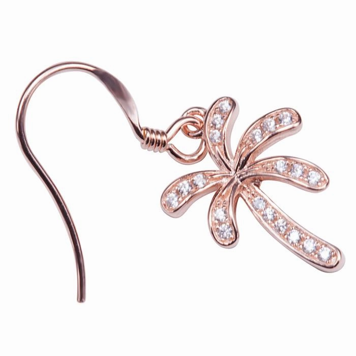 Sterling Silver Pink Gold Plated Palm Tree Pave CZ Hook Earrings