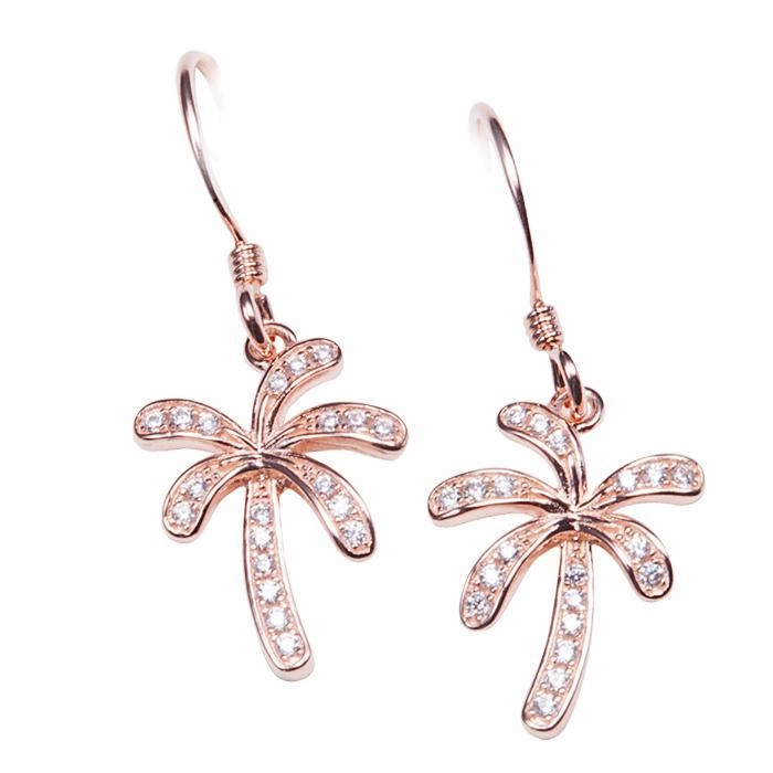 Sterling Silver Pink Gold Plated Palm Tree Pave CZ Hook Earrings
