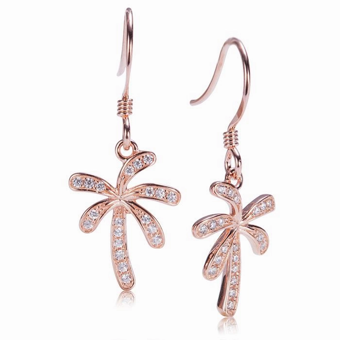 Sterling Silver Pink Gold Plated Palm Tree Pave CZ Hook Earrings