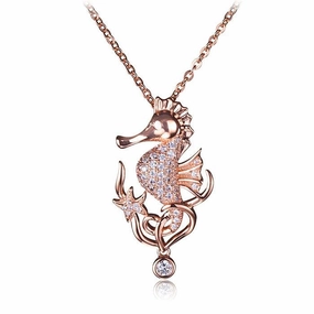 Sterling Silver Pink Gold Seahorse Pave CZ Pendant (Chain Sold Separately)
