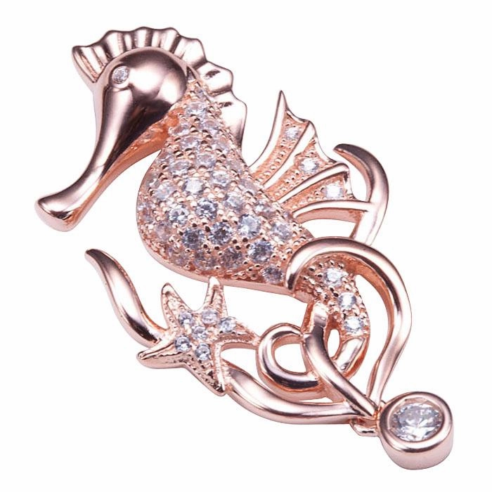 Sterling Silver Pink Gold Seahorse Pave CZ Pendant (Chain Sold Separately)