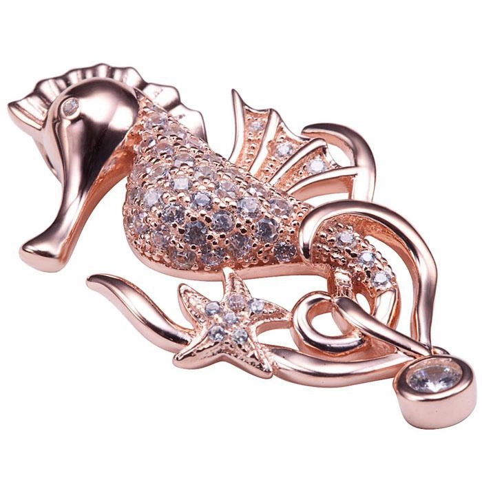 Sterling Silver Pink Gold Seahorse Pave CZ Pendant (Chain Sold Separately)