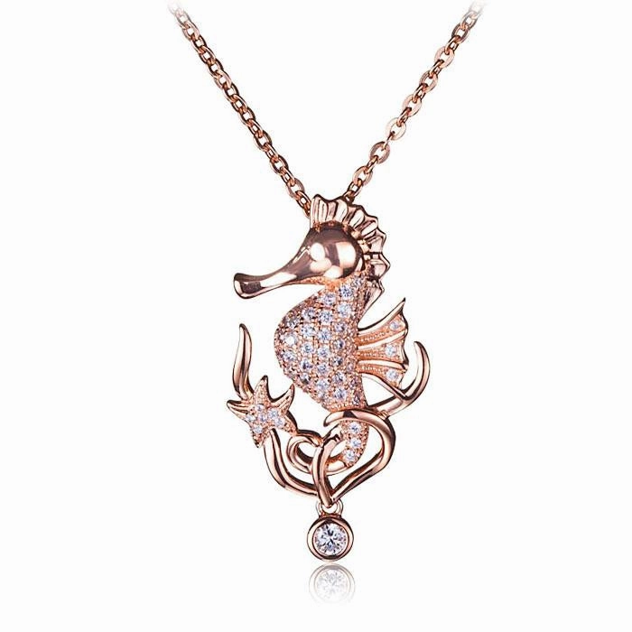 Sterling Silver Pink Gold Seahorse Pave CZ Pendant (Chain Sold Separately)