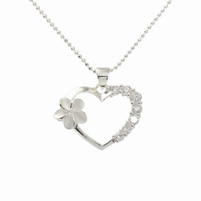 Sterling Silver Plumeria and Heart with CZ Pendant (Chain Sold Separately)