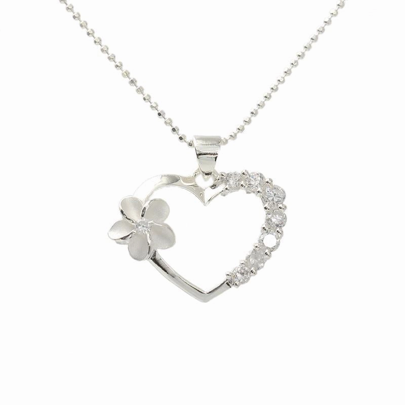 Sterling Silver Plumeria and Heart with CZ Pendant (Chain Sold Separately)