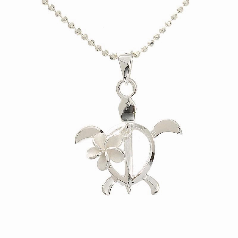 Sterling Silver Plumeria and Honu (Hawaiian Turtle) Pendant (Chain Sold Separately)