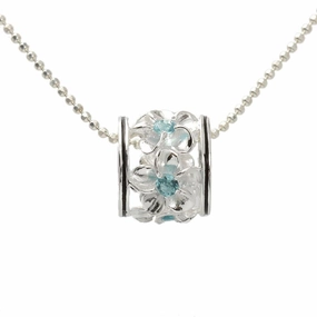 Sterling Silver Plumeria with Blue CZ Black Border Barrel Pendant (Chain Sold Separately)