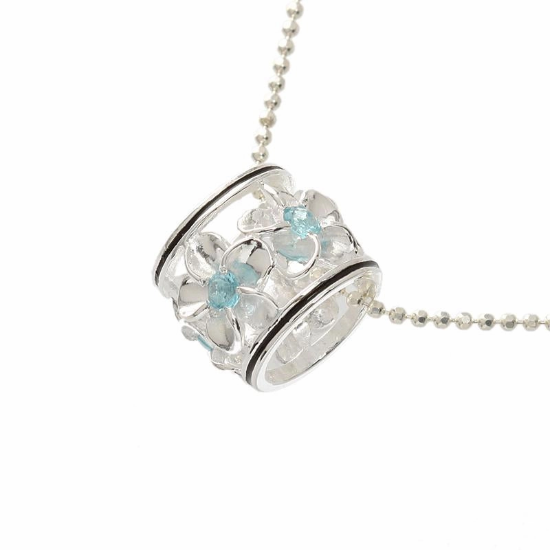 Sterling Silver Plumeria with Blue CZ Black Border Barrel Pendant (Chain Sold Separately)