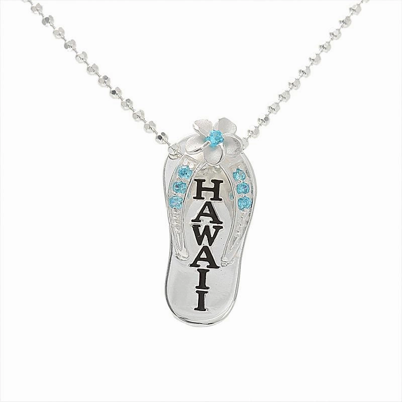 Sterling Silver Plumeria with Blue CZ Black Enamel HAWAII Slipper Pendant (Chain Sold Separately)