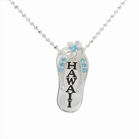 Sterling Silver Plumeria with Blue CZ Black Enamel HAWAII Slipper Pendant (Chain Sold Separately)