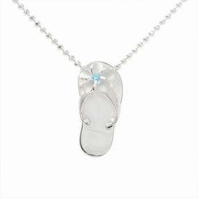 Sterling Silver Plumeria with Blue CZ Plain Slipper Pendant (Chain Sold Separately)