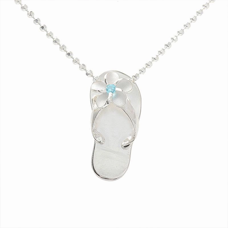 Sterling Silver Plumeria with Blue CZ Plain Slipper Pendant (Chain Sold Separately)