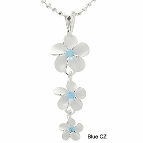 Sterling Silver Plumeria with Blue CZ Sandblast Finish Pendant (M/L) (Chain Sold Separately)