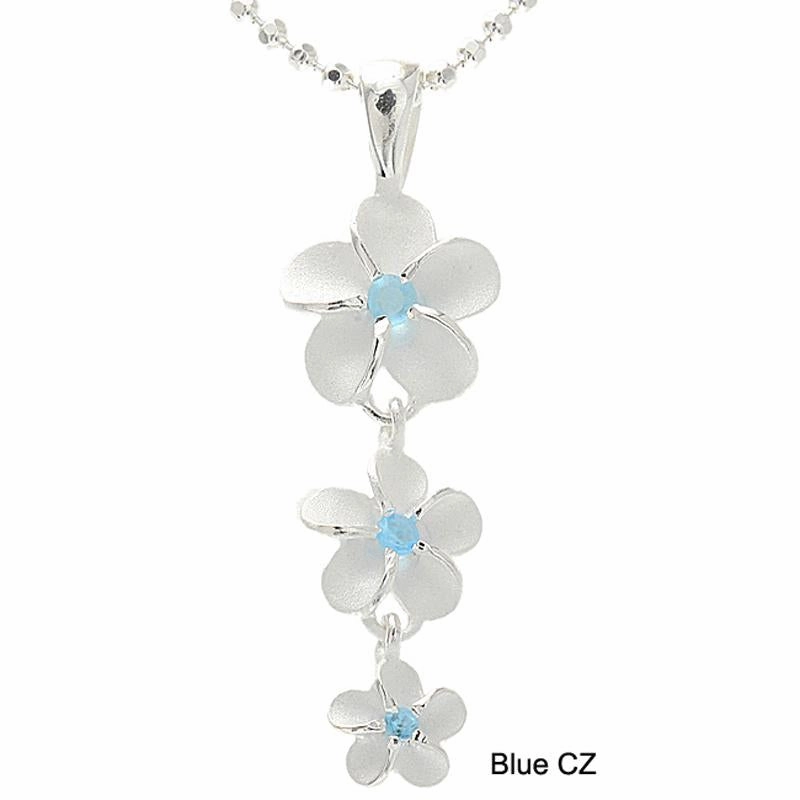 Sterling Silver Plumeria with Blue CZ Sandblast Finish Pendant (M/L) (Chain Sold Separately)