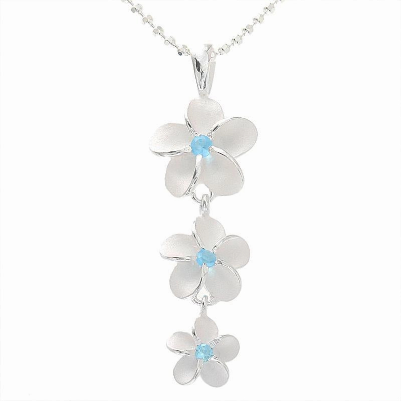 Sterling Silver Plumeria with Blue CZ Sandblast Finish Pendant (M/L) (Chain Sold Separately)