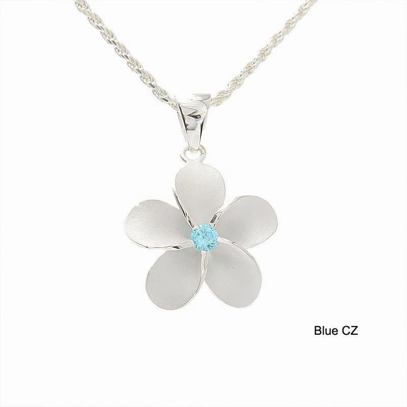 Sterling Silver Plumeria with Blue CZ Sandblast Finish Pendant (S/M/L) (Chain Sold Separately)