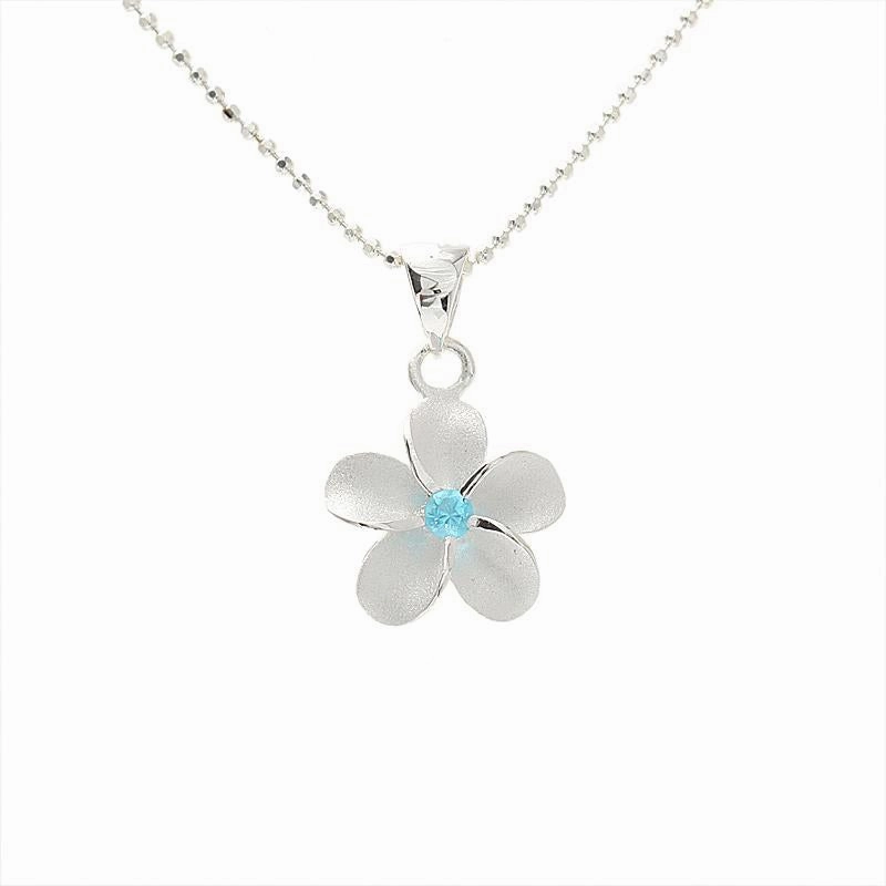 Sterling Silver Plumeria with Blue CZ Sandblast Finish Pendant (S/M/L) (Chain Sold Separately)