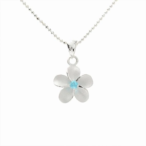 Sterling Silver Plumeria with Blue CZ Sandblast Finish Pendant (S/M/L) (Chain Sold Separately)