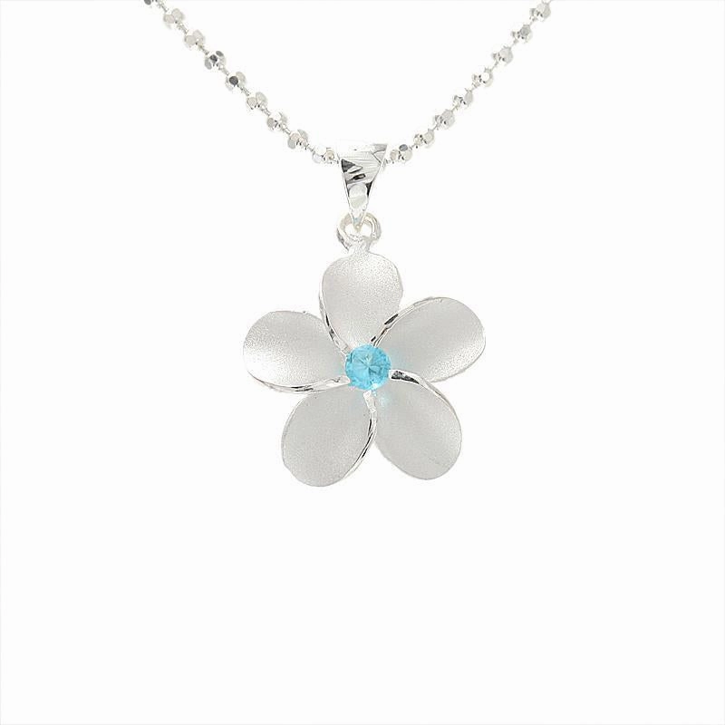 Sterling Silver Plumeria with Blue CZ Sandblast Finish Pendant (S/M/L) (Chain Sold Separately)