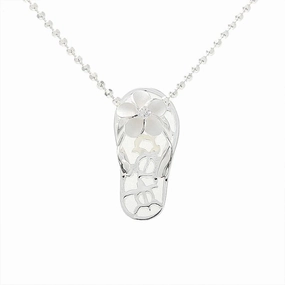 Sterling Silver Plumeria with CZ 3 Honu (Hawaiian Turtle) Slipper Pendant (Chain Sold Separately)