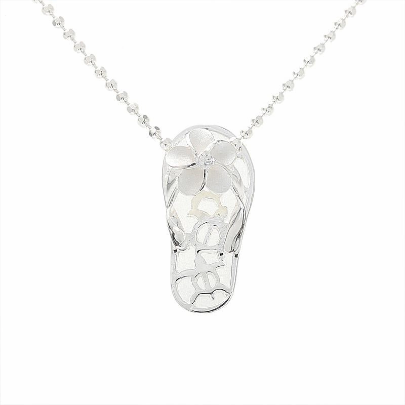 Sterling Silver Plumeria with CZ 3 Honu (Hawaiian Turtle) Slipper Pendant (Chain Sold Separately)