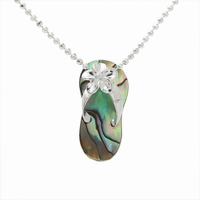 Sterling Silver Plumeria with CZ Abalone Shell Slipper Pendant (Chain Sold Separately)