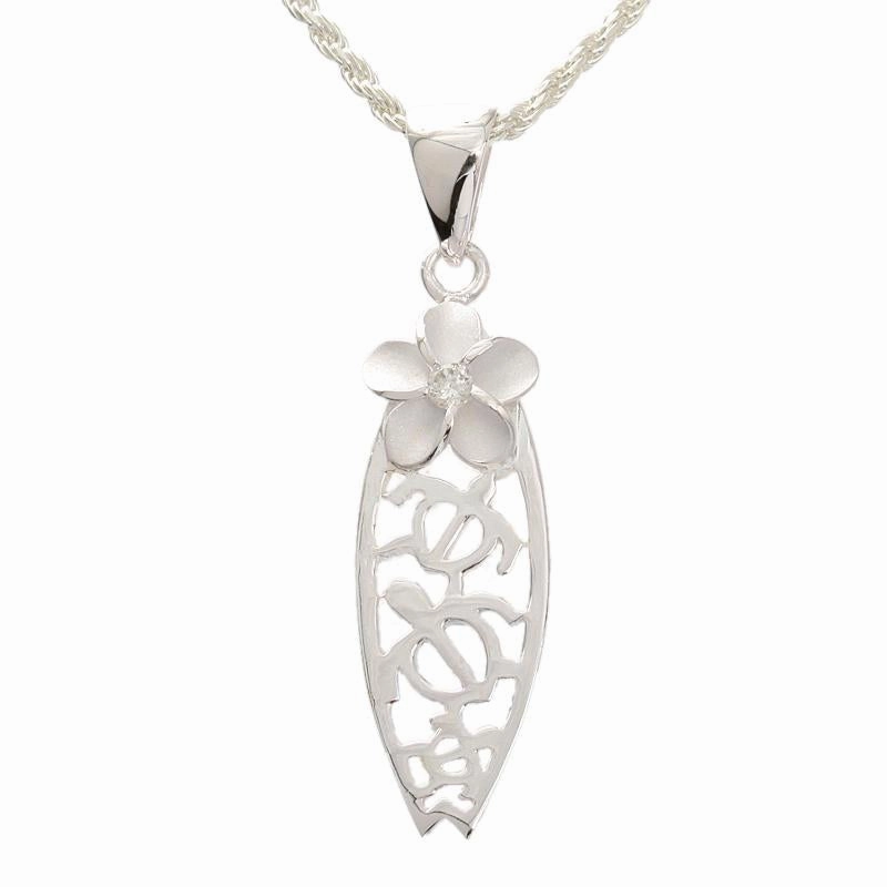 Sterling Silver Plumeria with CZ and 3 Honu (Hawaiian Turtle) Surfboard Pendant (Chain Sold Separately)