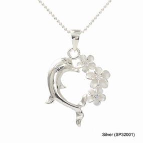 Sterling Silver Plumeria with CZ and Dolphin Heart Pendant (Chain Sold Separately)