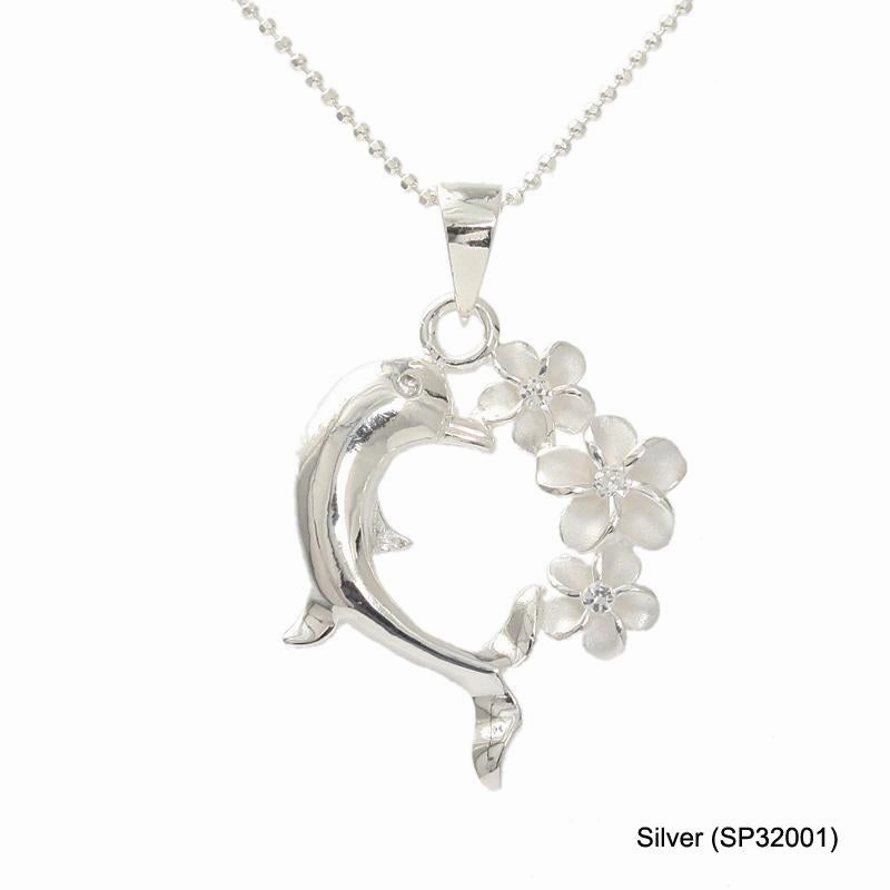 Sterling Silver Plumeria with CZ and Dolphin Heart Pendant (Chain Sold Separately)