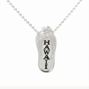 Sterling Silver Plumeria with CZ Black Enamel HAWAII Slipper Pendant (Chain Sold Separately)