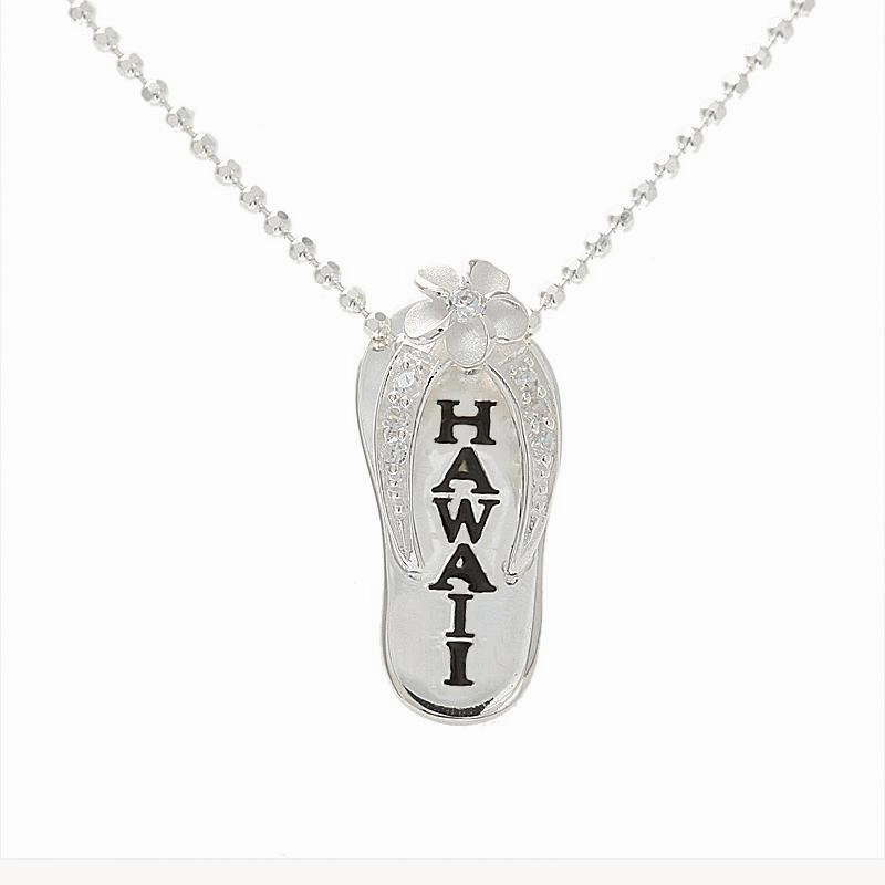 Sterling Silver Plumeria with CZ Black Enamel HAWAII Slipper Pendant (Chain Sold Separately)