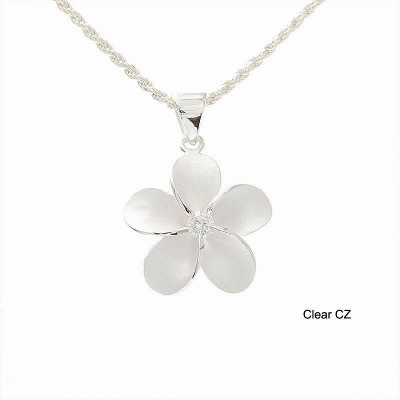 Sterling Silver Plumeria with CZ Sandblast Finish Pendant (S/M/L/XL) (Chain Sold Separately)