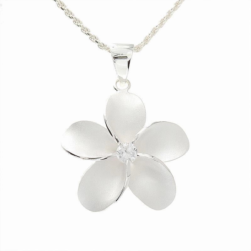 Sterling Silver Plumeria with CZ Sandblast Finish Pendant (S/M/L/XL) (Chain Sold Separately)