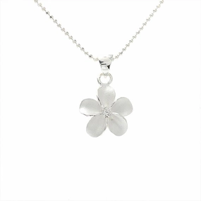 Sterling Silver Plumeria with CZ Sandblast Finish Pendant (S/M/L/XL) (Chain Sold Separately)