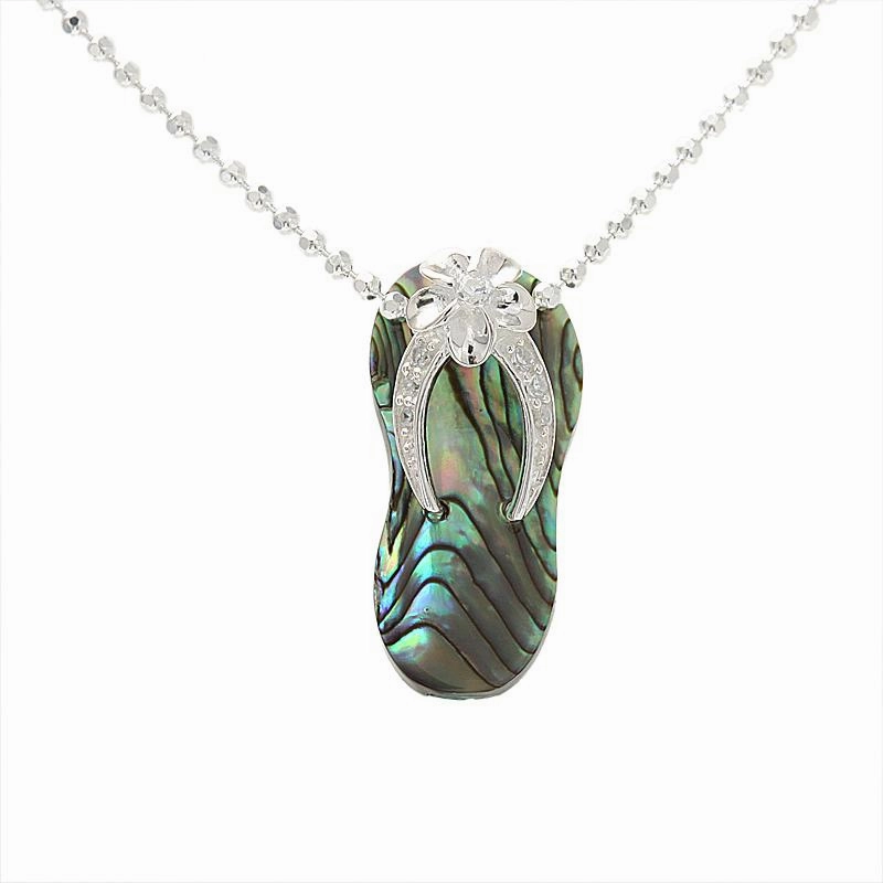 Sterling Silver Plumeria with CZ Strap Abalone Shell Slipper Pendant (Chain Sold Separately)