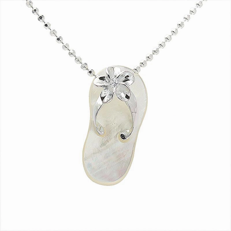 Sterling Silver Plumeria with CZ White Shell Slipper Pendant (Chain Sold Separately)